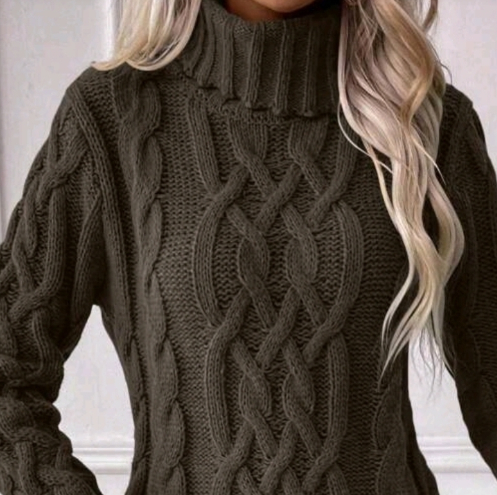 New Chunky Cable Knit Sweater Dress Turtleneck Brown